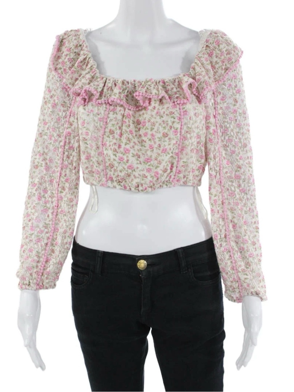 Loveshackfancy Floral Ruffle Square-Neck Crop Top - Pink/White